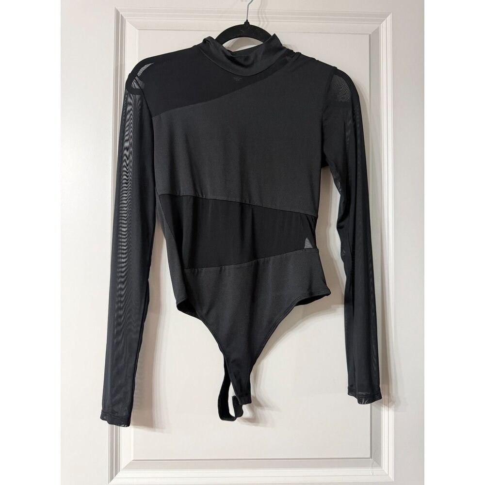 Mesh Turtle Neck Long Sleeve Body Suit Black